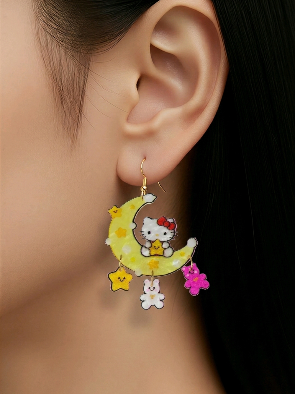 Hello Kitty Crescent Moon Star Earrings Kawaii Teddy Bear Dangle Opalescent Cute